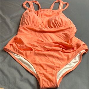 Kona Sol Orange One Piece Swimsuit with Wide Straps and Textured Neckline